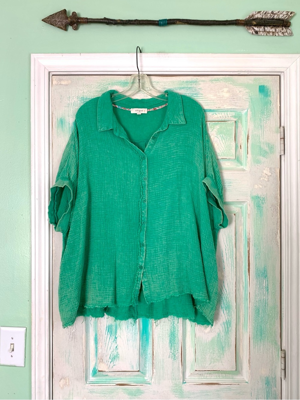 Umgee USA Turquoise/Seafoam Green Muslin Frayed Boho Button Blouse XL